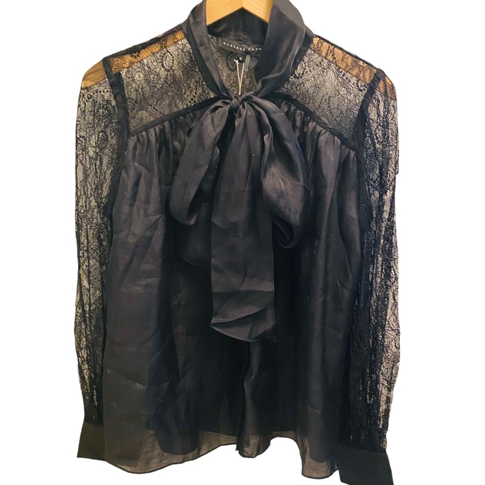 ENDLESS ROSE NWT Black Tie Neck Lace Sleeve Blouse